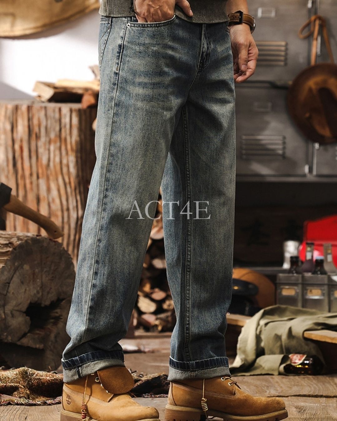 【28-40】vintage washed straight denim pants 【ACT0250】