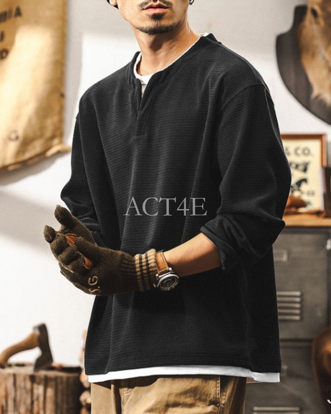 【M-4XL】waffle henley neck long sleeve shirt 【ACT0249】