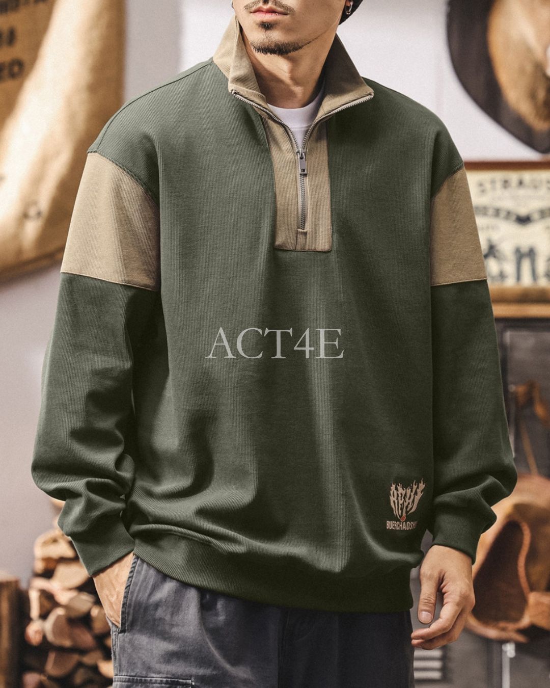 【M-4XL】colorblock half zip ribbed sweatshirt 【ACT0267】