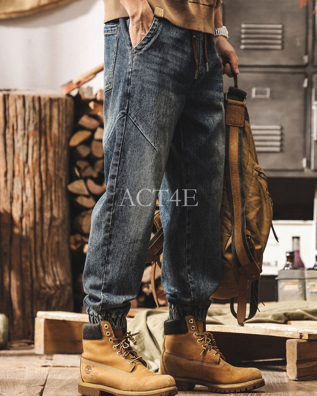 【M-4XL】vintage washed drawstring jogger denim pants 【ACT0253】