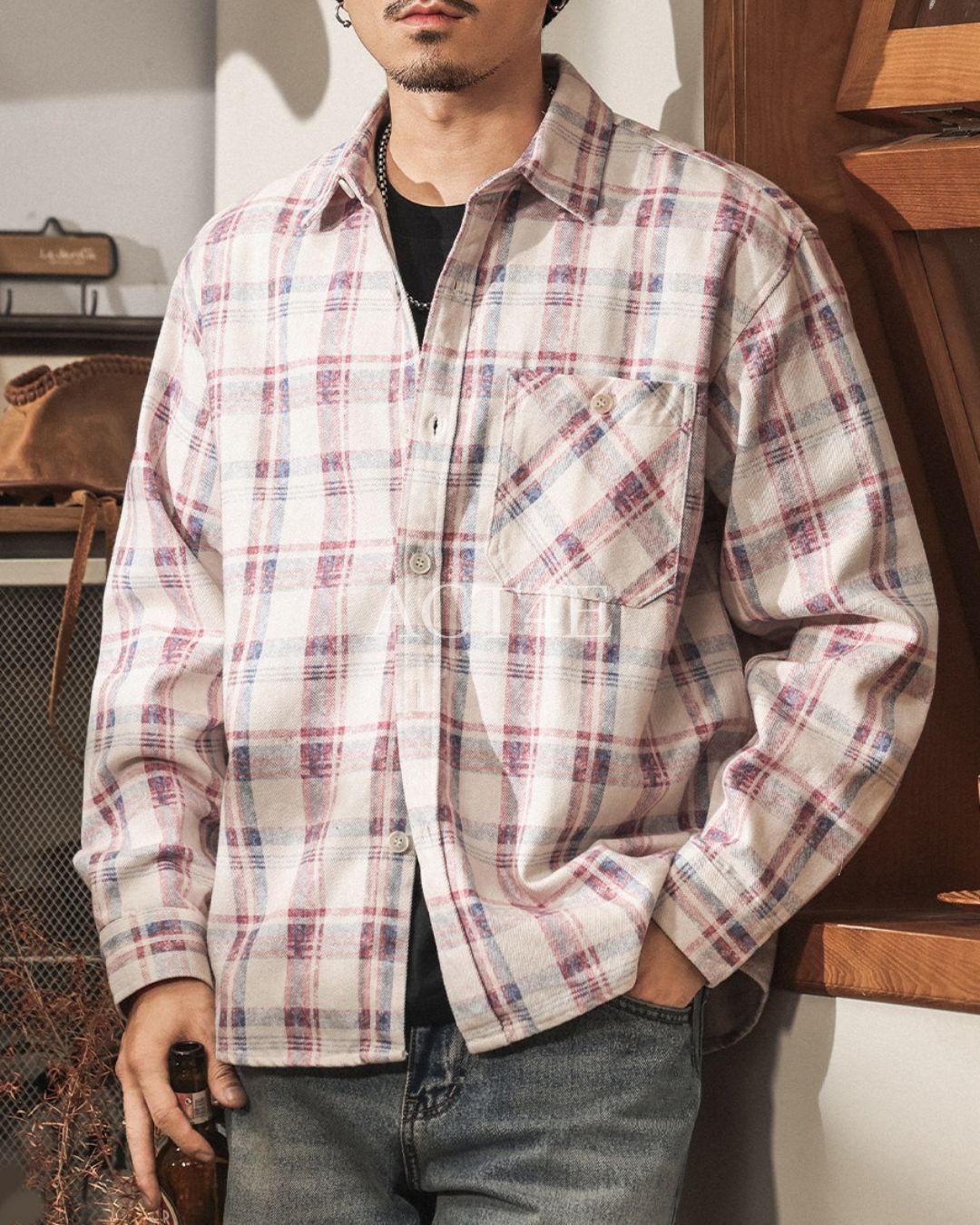【M-4XL】loose plaid tencel long shirt 【ACT0304】