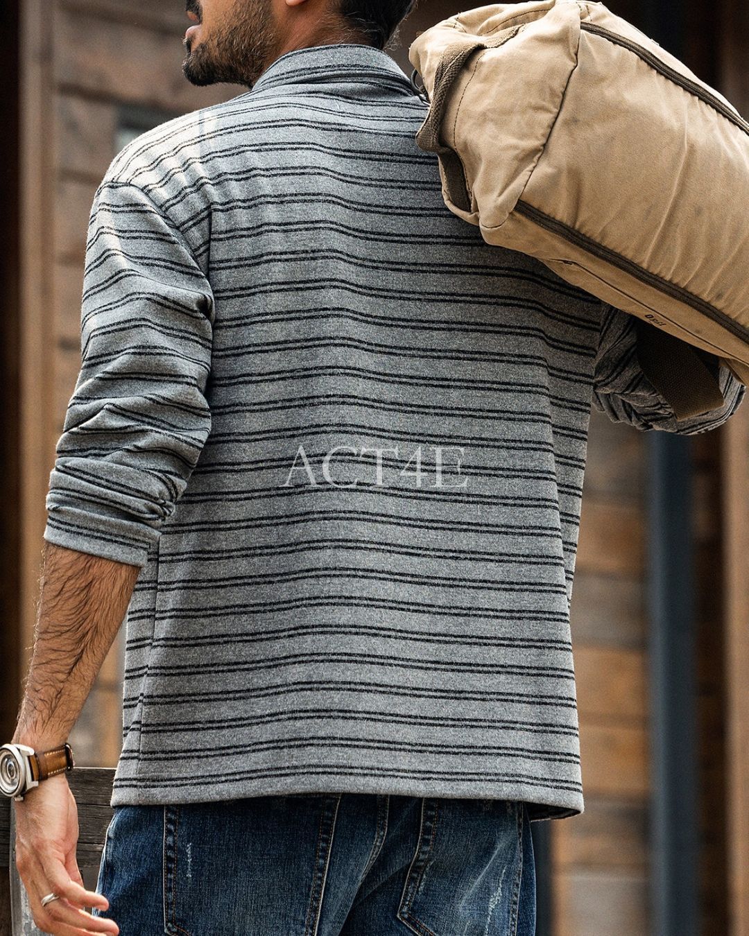 【M-4XL】striped open collar casual sweatshirt 【ACT0257】