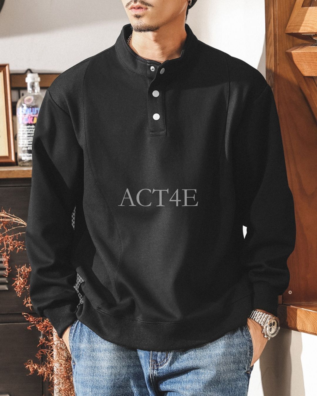 【M-4XL】henley neck vintage casual sweatshirt 【ACT0259】