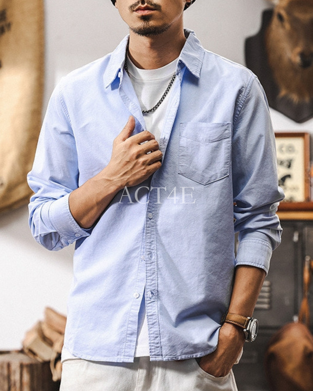 【M-3XL】casual washed solid long sleeve shirt 【ACT0296】