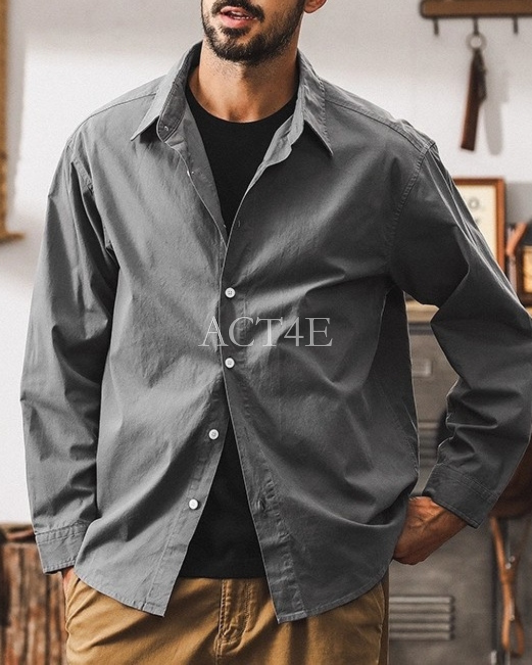 【M-4XL】basic cotton long sleeve shirt 【ACT0300】