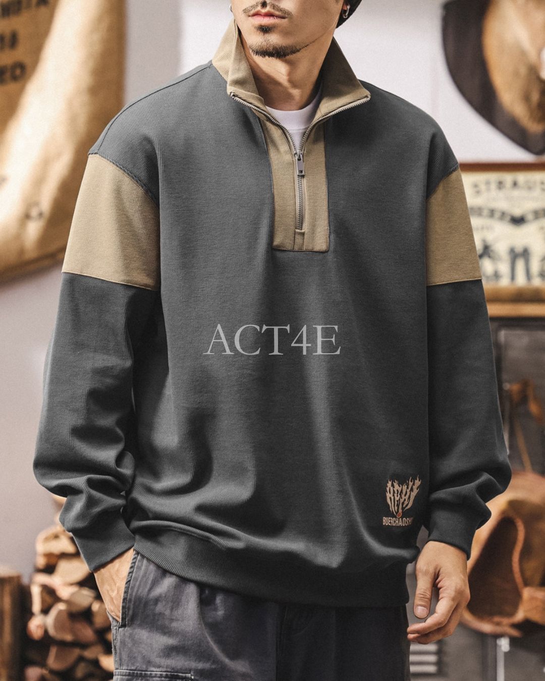 【M-4XL】colorblock half zip ribbed sweatshirt 【ACT0267】