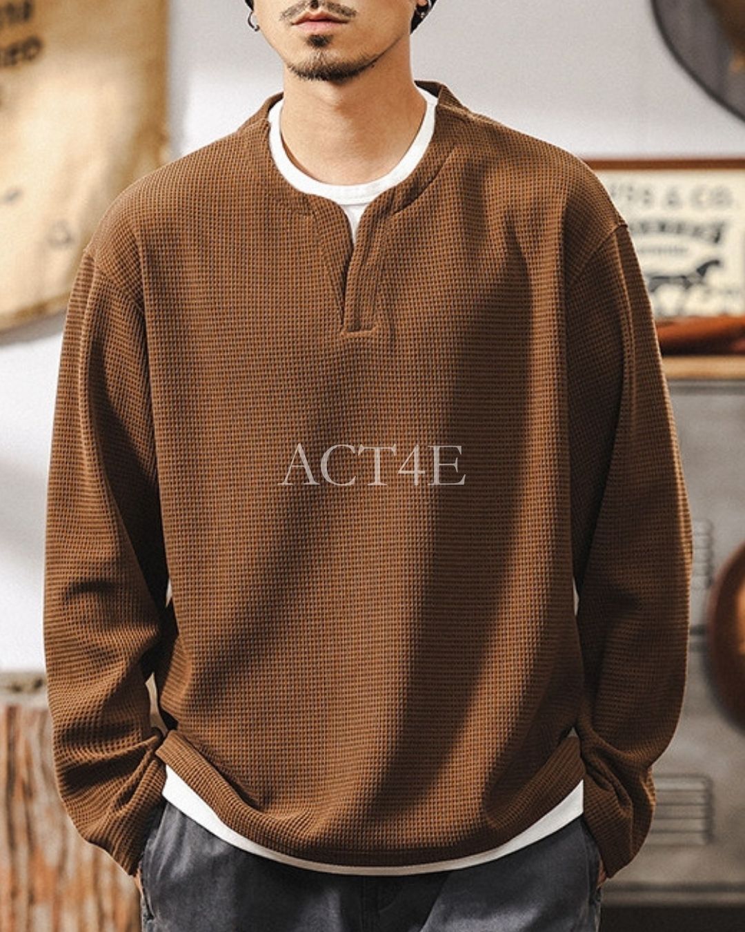 【M-4XL】waffle henley neck long sleeve shirt 【ACT0249】