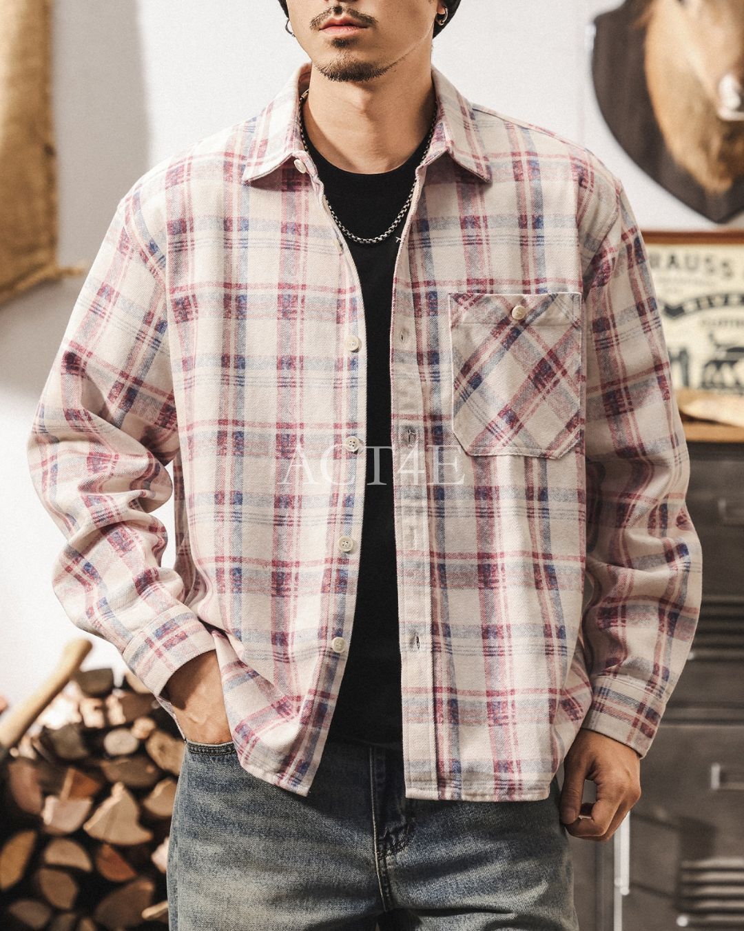 【M-4XL】loose plaid tencel long shirt 【ACT0304】