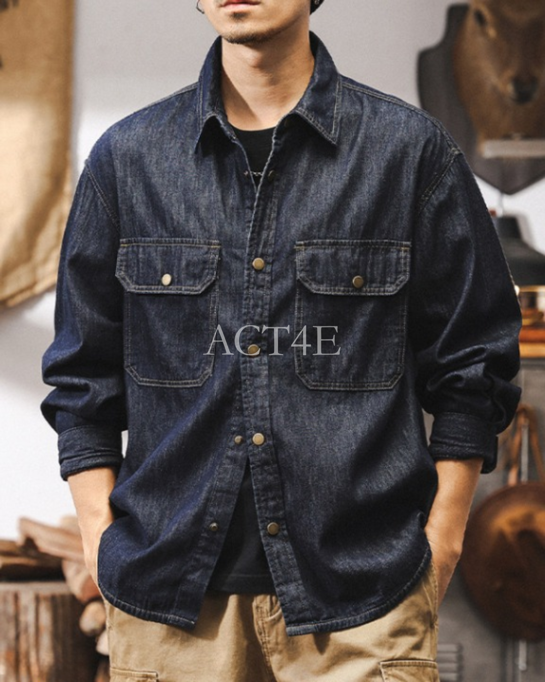 【M-4XL】vintage raw denim work shirt 【ACT0302】
