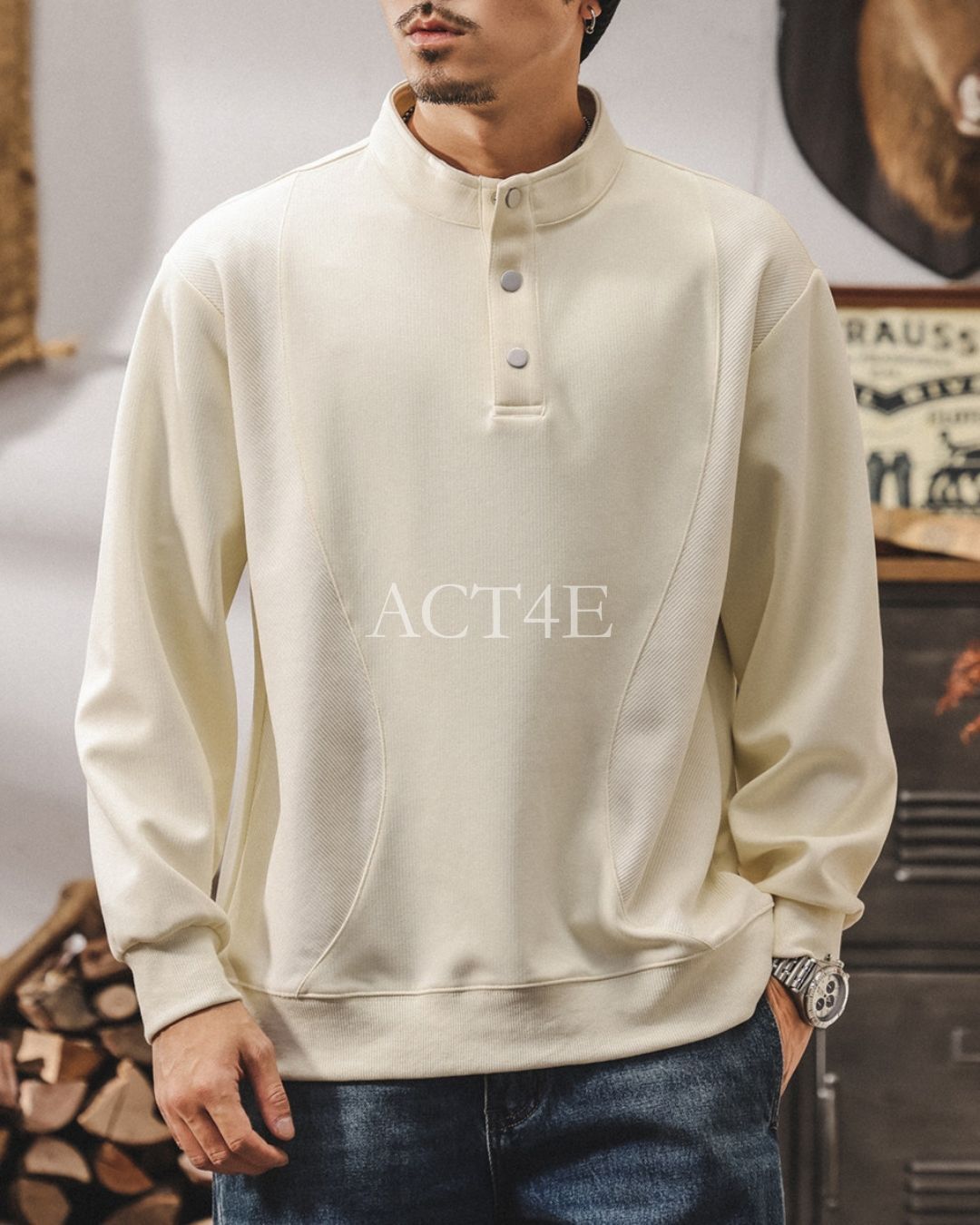 【M-4XL】henley neck vintage casual sweatshirt 【ACT0259】