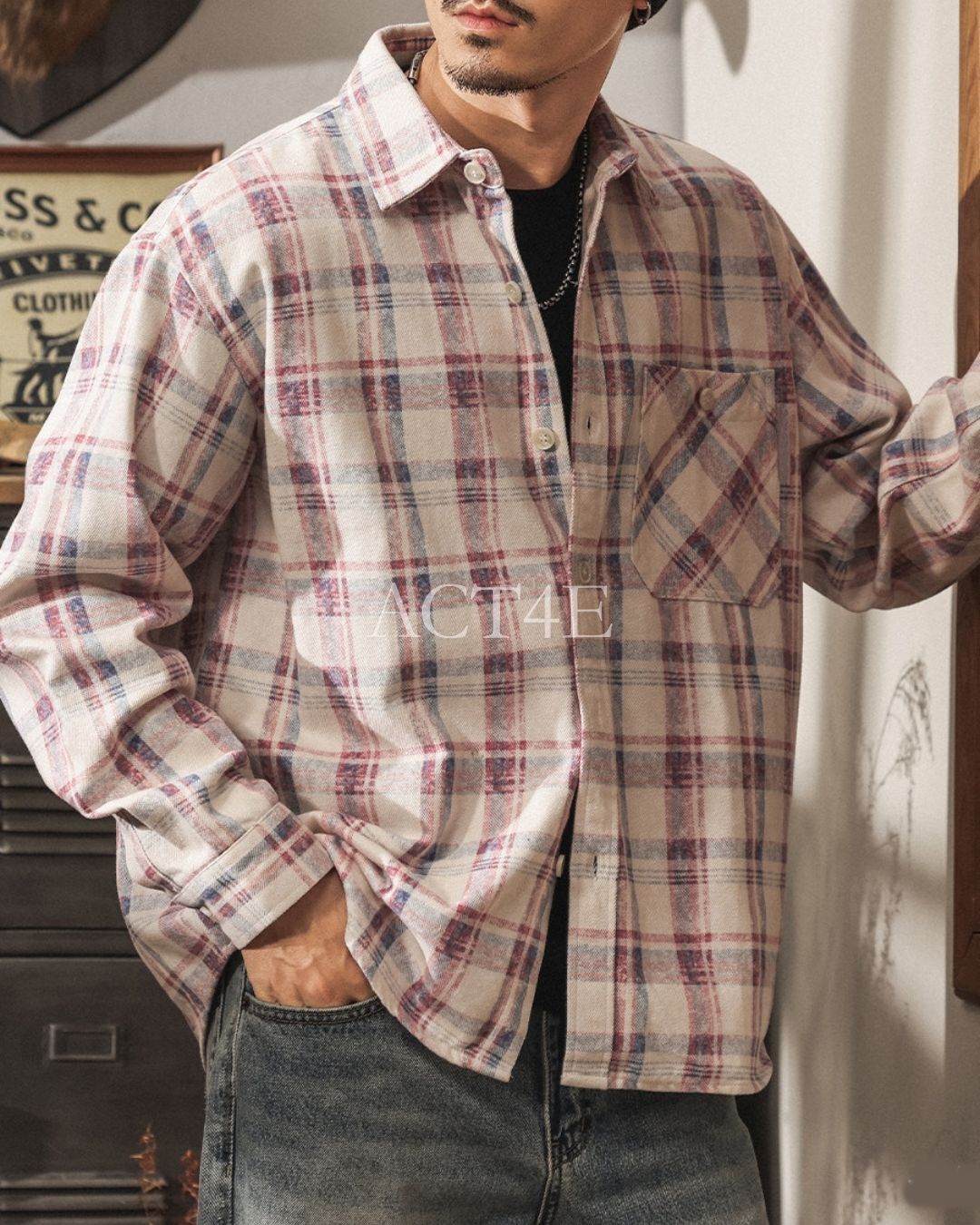 【M-4XL】loose plaid tencel long shirt 【ACT0304】