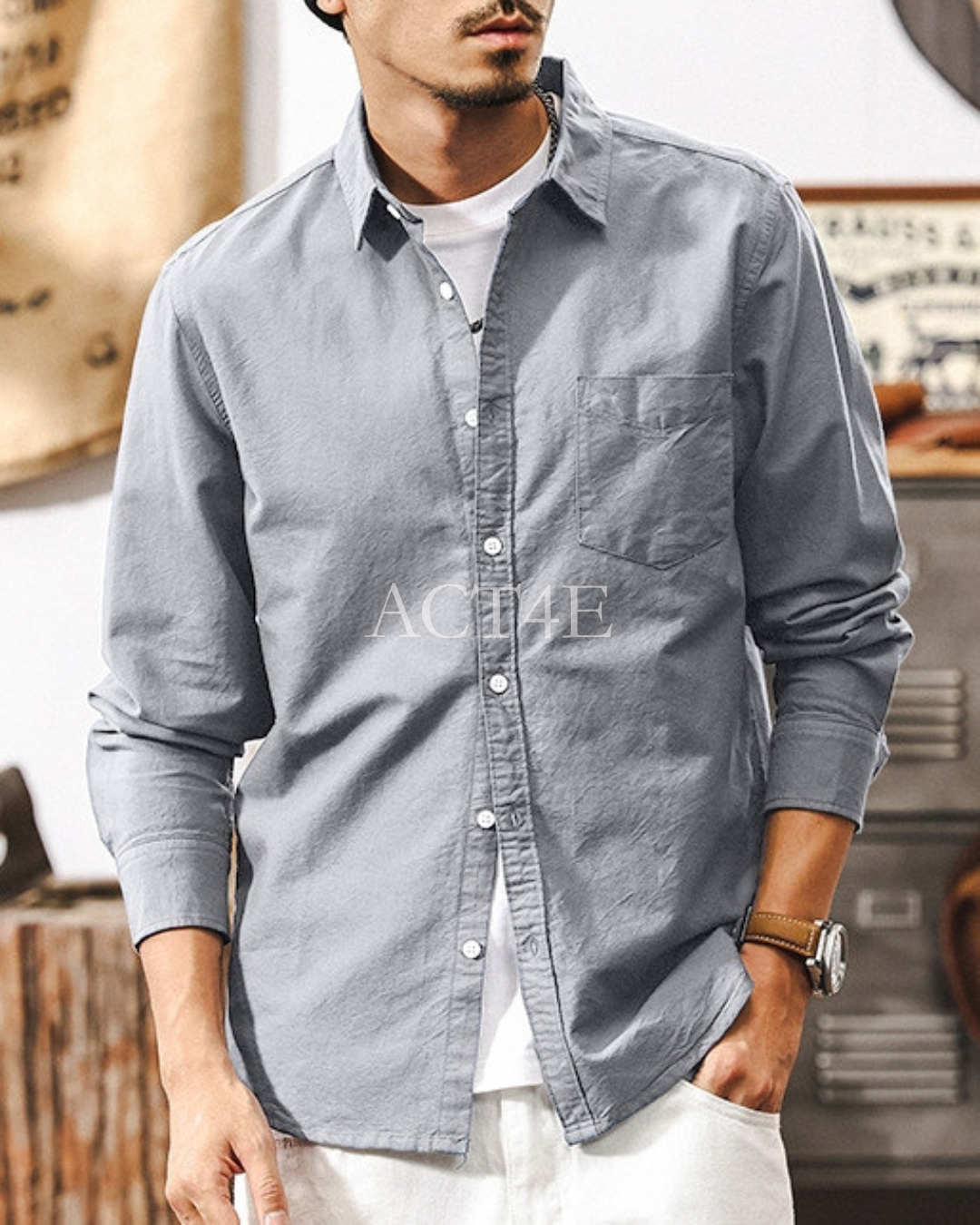 【M-3XL】casual washed solid long sleeve shirt 【ACT0296】
