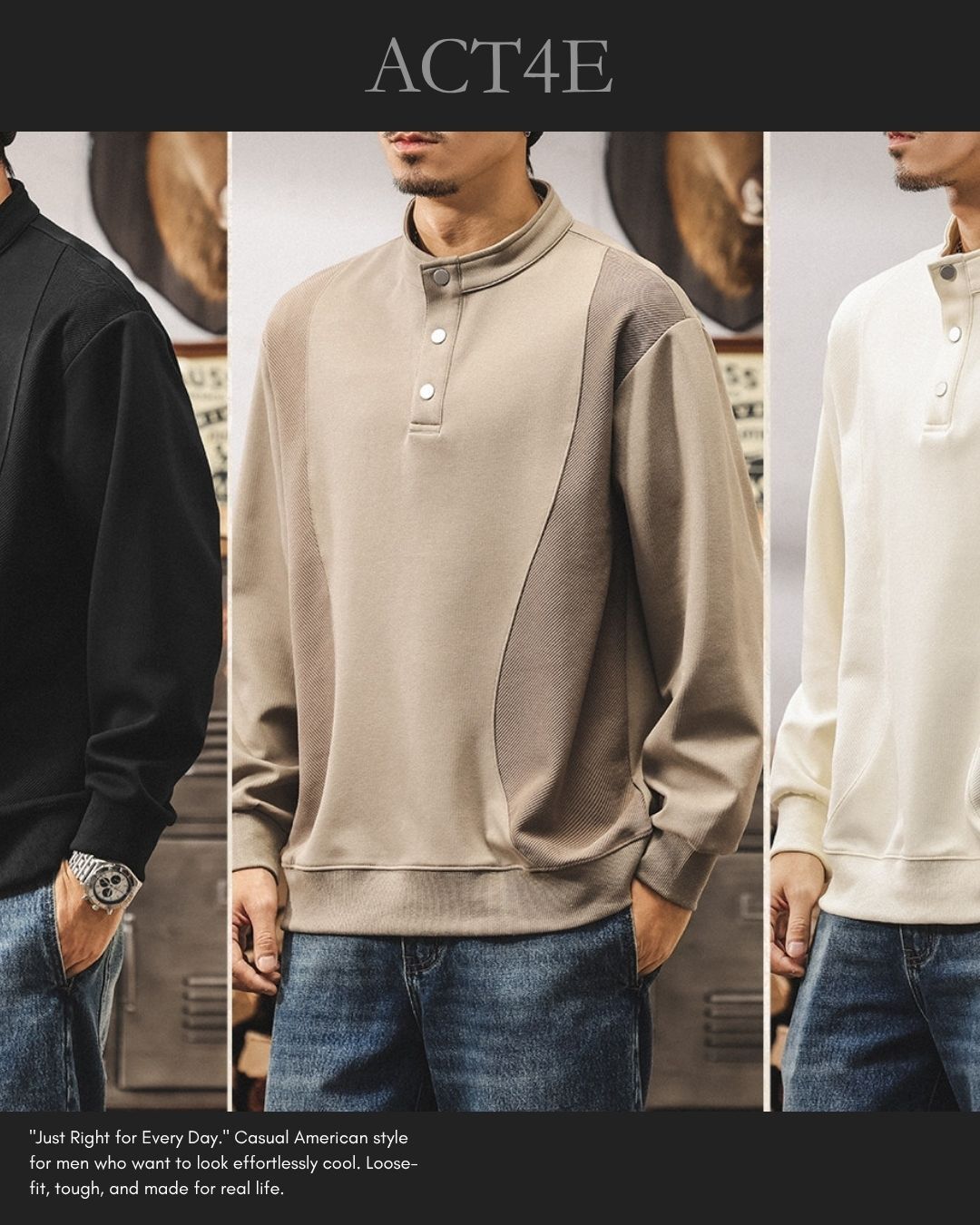【M-4XL】retro henley neck panel sweatshirt 【ACT0265】