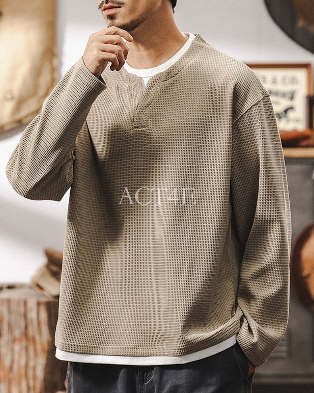 【M-4XL】waffle henley neck long sleeve shirt 【ACT0249】