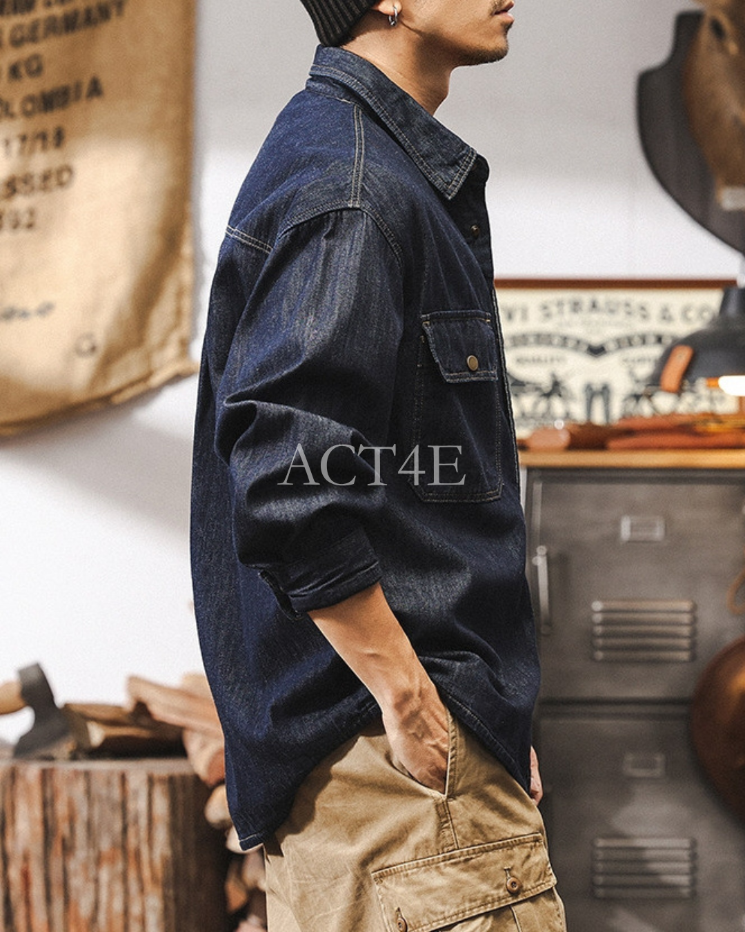 【M-4XL】vintage raw denim work shirt 【ACT0302】