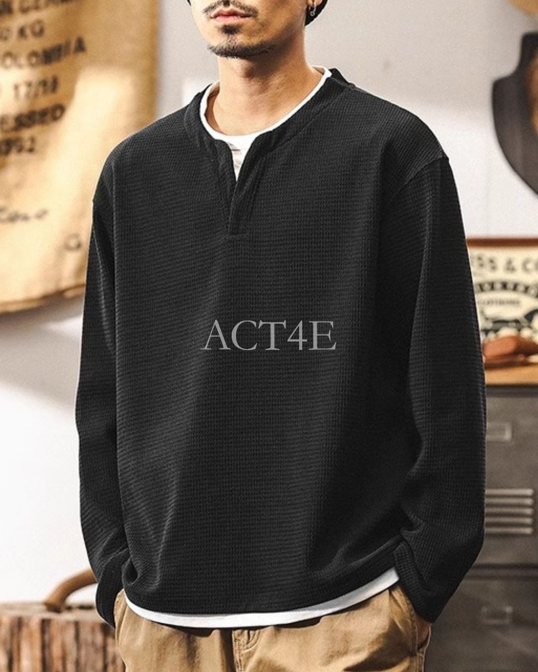 【M-4XL】waffle henley neck long sleeve shirt 【ACT0249】