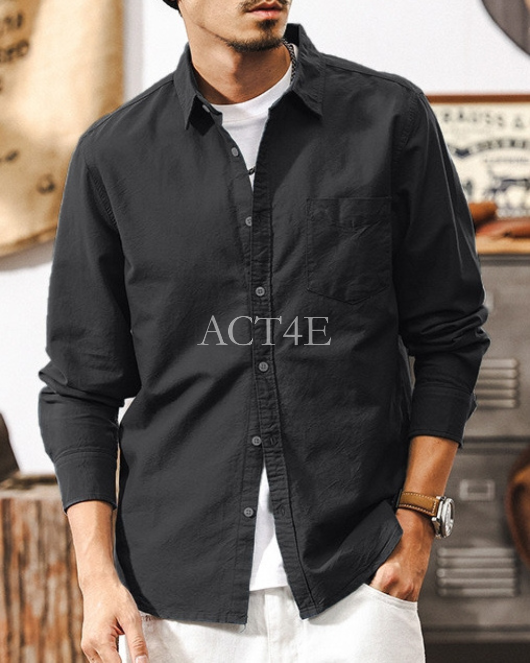 【M-3XL】casual washed solid long sleeve shirt 【ACT0296】