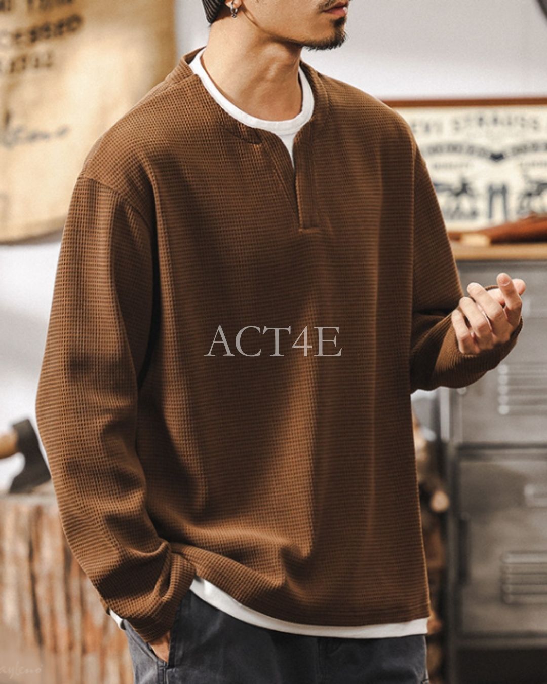 【M-4XL】waffle henley neck long sleeve shirt 【ACT0249】