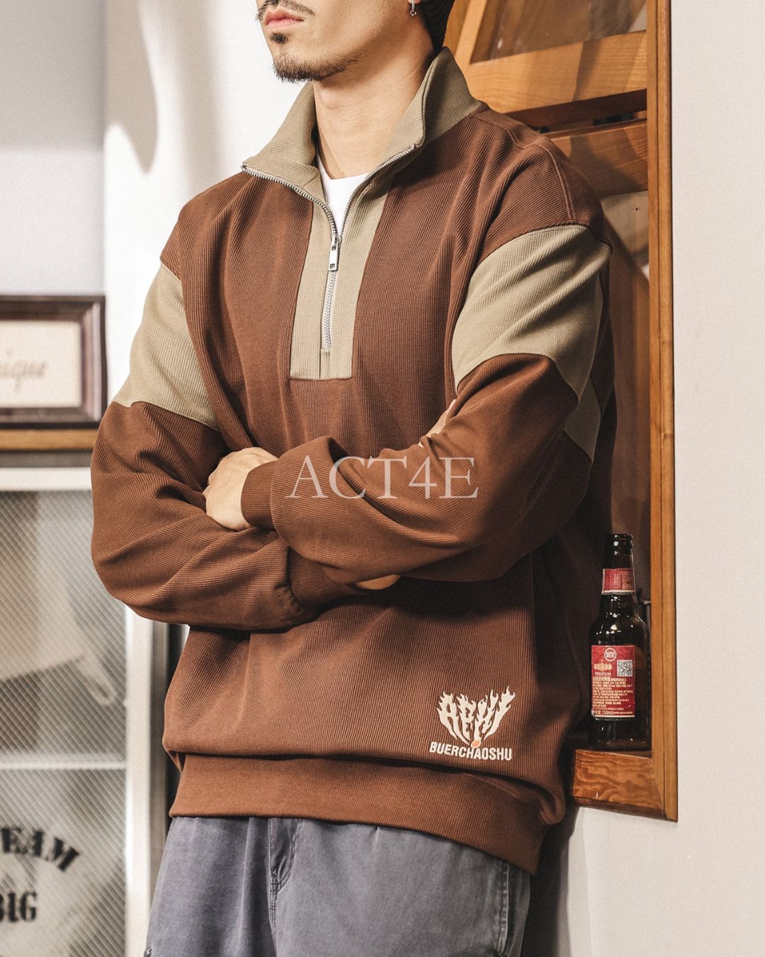【M-4XL】colorblock half zip ribbed sweatshirt 【ACT0267】