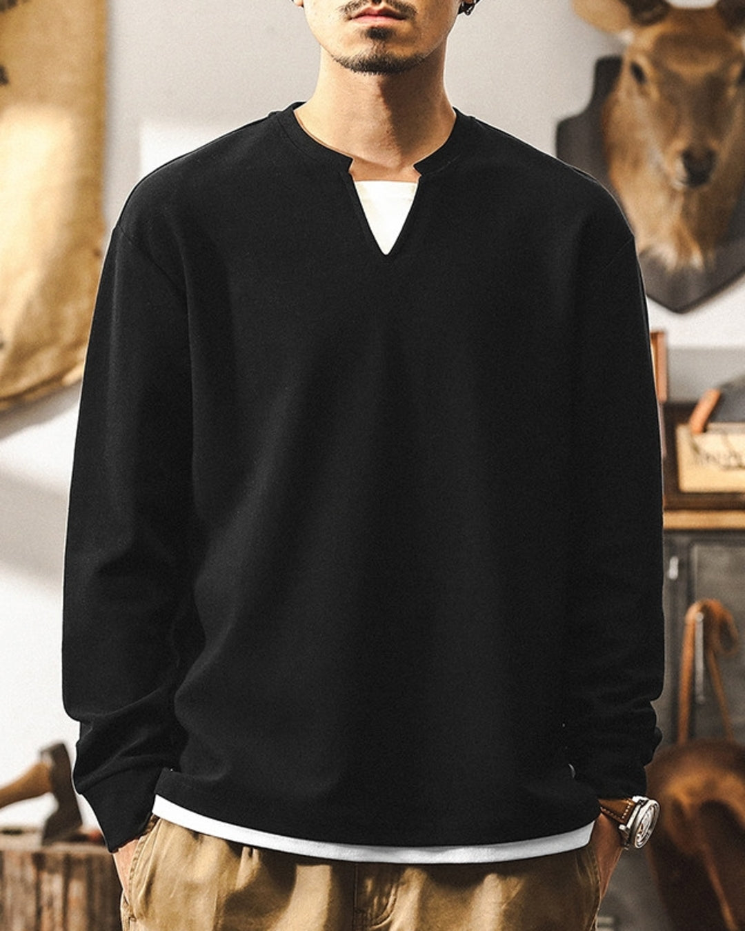【M-4XL】layered v-neck long sleeve sweatshirt 【ACT0247】
