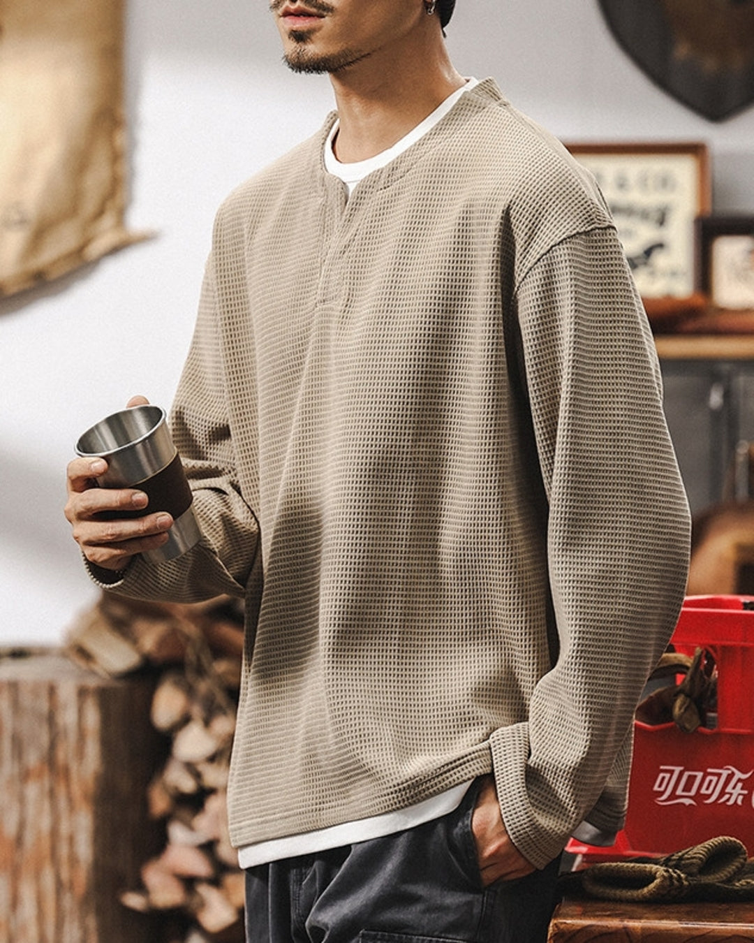【M-4XL】waffle henley neck long sleeve shirt 【ACT0249】