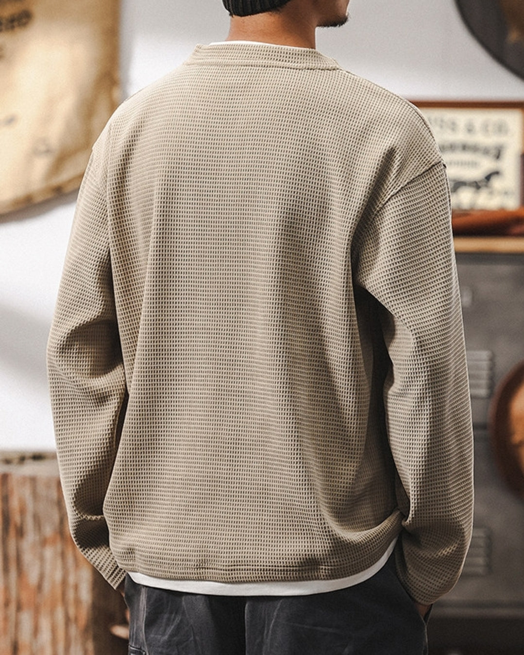 【M-4XL】waffle henley neck long sleeve shirt 【ACT0249】