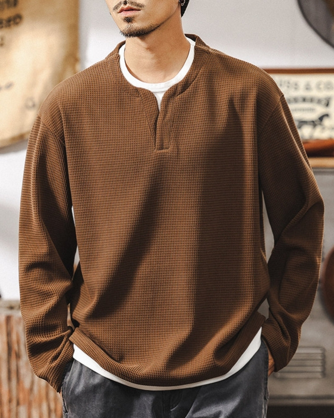 【M-4XL】waffle henley neck long sleeve shirt 【ACT0249】