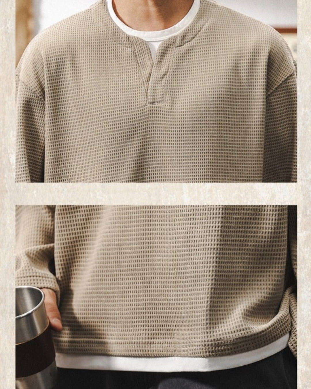 【M-4XL】waffle henley neck long sleeve shirt 【ACT0249】
