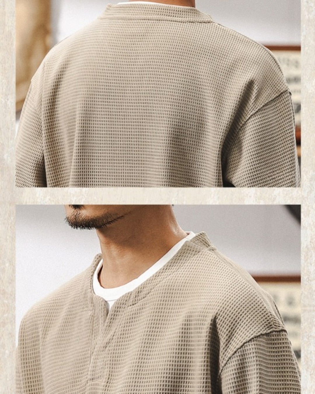 【M-4XL】waffle henley neck long sleeve shirt 【ACT0249】