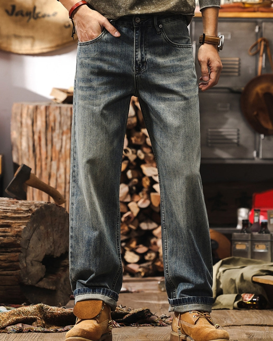 【28-40】vintage washed straight denim pants 【ACT0250】
