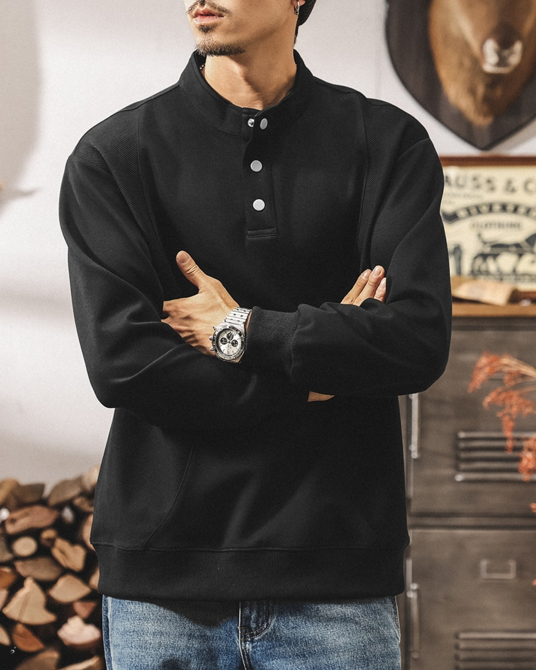 【M-4XL】henley neck vintage casual sweatshirt 【ACT0256】