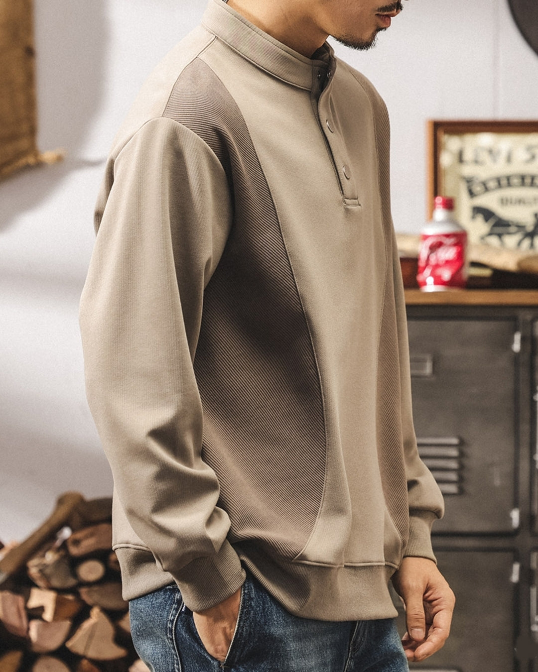 【M-4XL】henley neck vintage casual sweatshirt 【ACT0256】