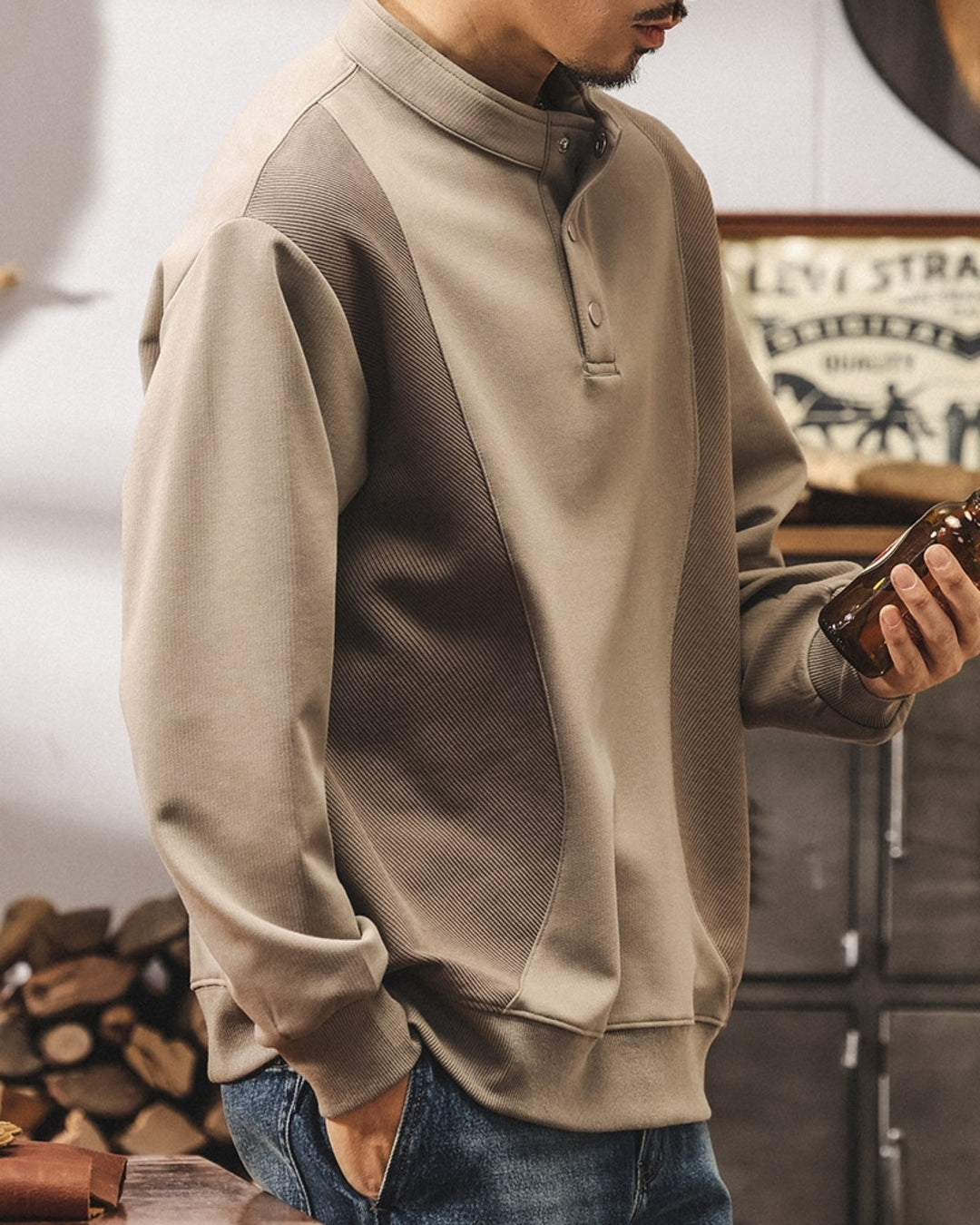 【M-4XL】henley neck vintage casual sweatshirt 【ACT0256】
