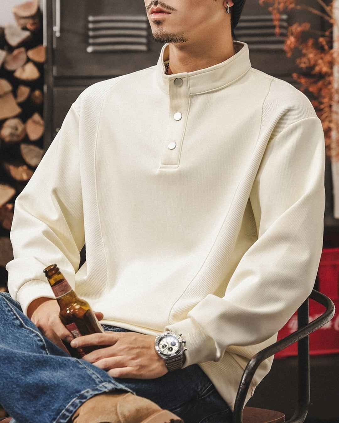 【M-4XL】henley neck vintage casual sweatshirt 【ACT0256】