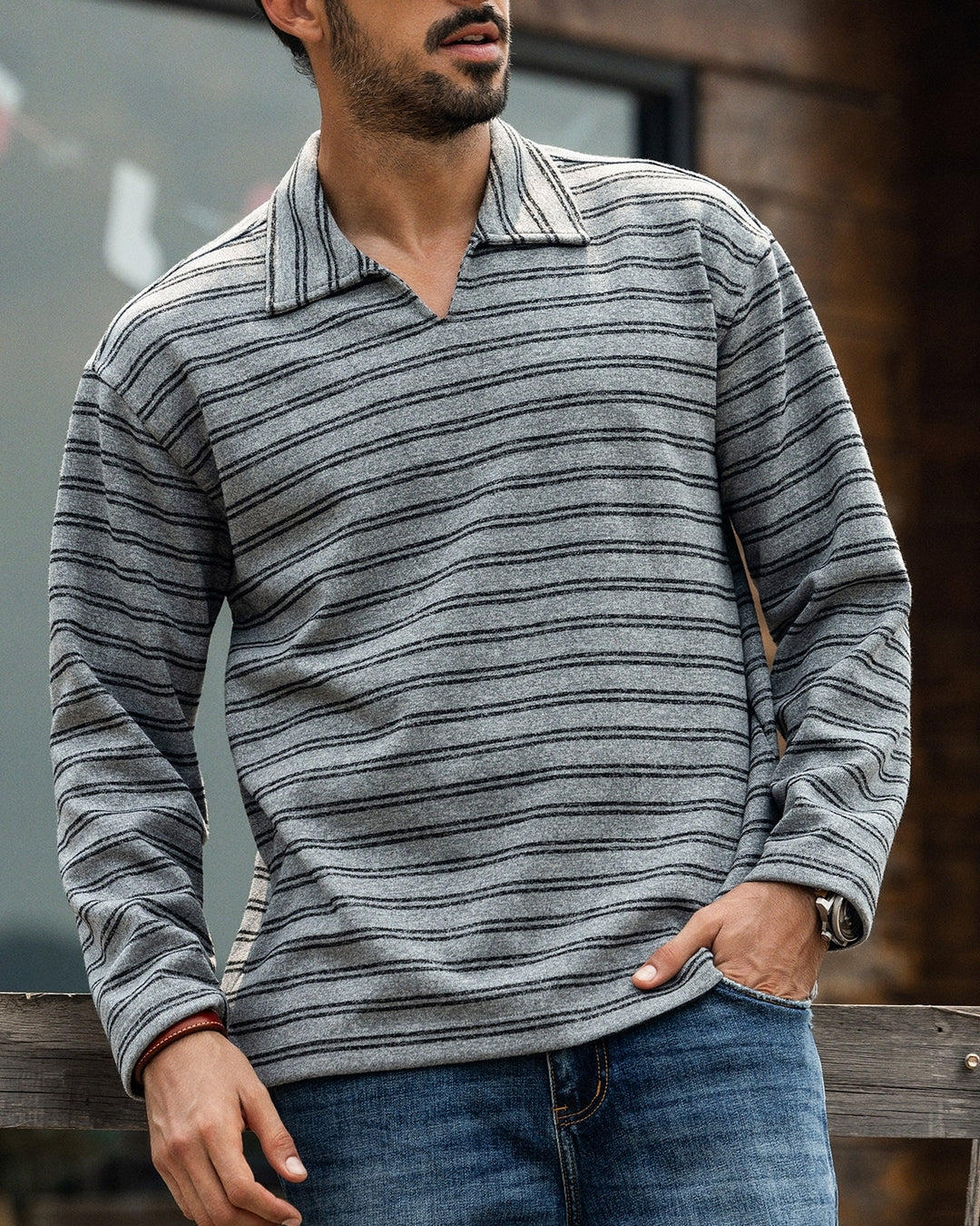 【M-4XL】striped open collar casual sweatshirt 【ACT0257】