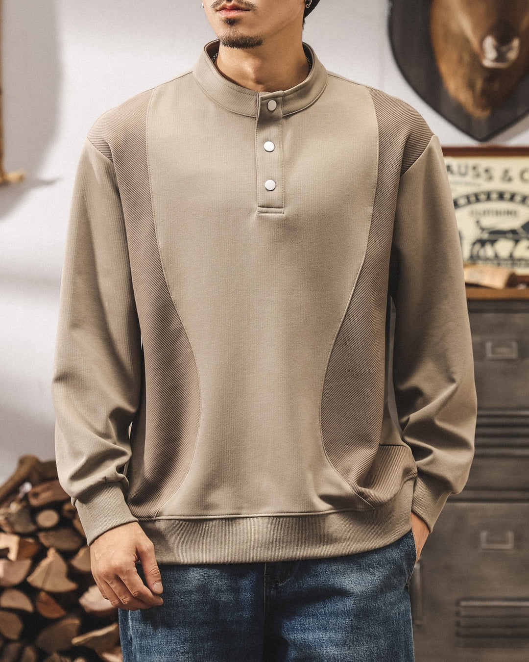【M-4XL】henley neck vintage casual sweatshirt 【ACT0259】