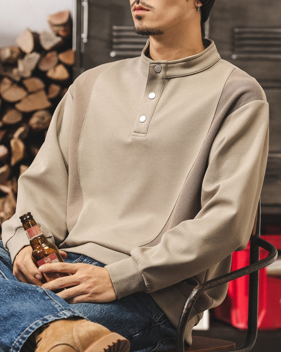 【M-4XL】henley neck vintage casual sweatshirt 【ACT0259】