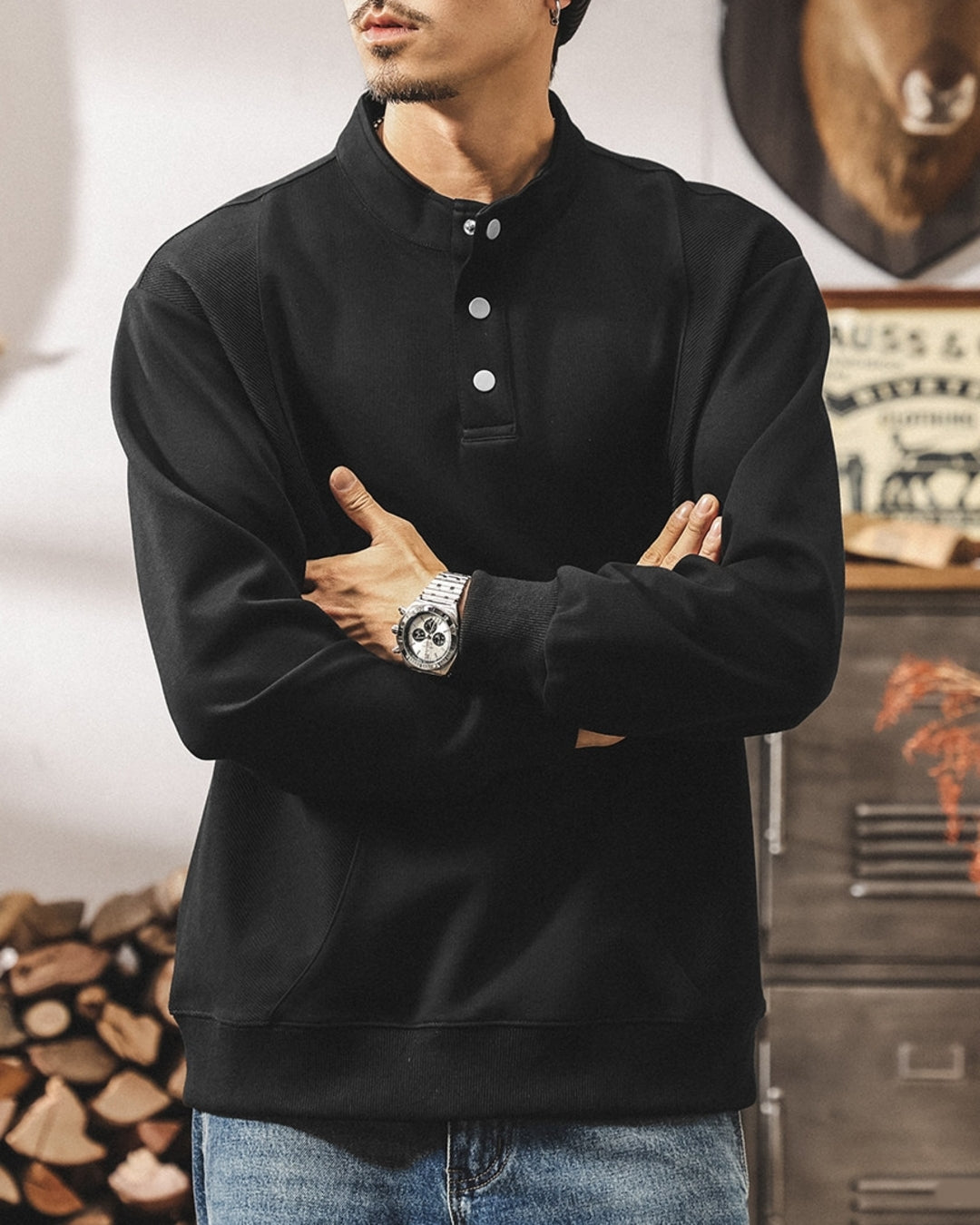 【M-4XL】henley neck vintage casual sweatshirt 【ACT0259】