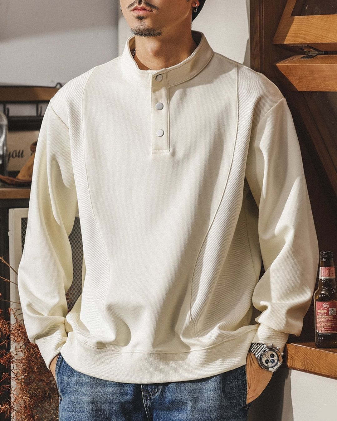 【M-4XL】henley neck vintage casual sweatshirt 【ACT0259】