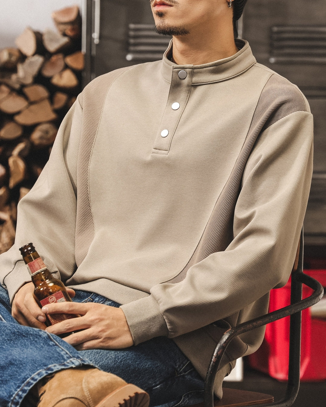【M-4XL】retro henley neck panel sweatshirt 【ACT0265】