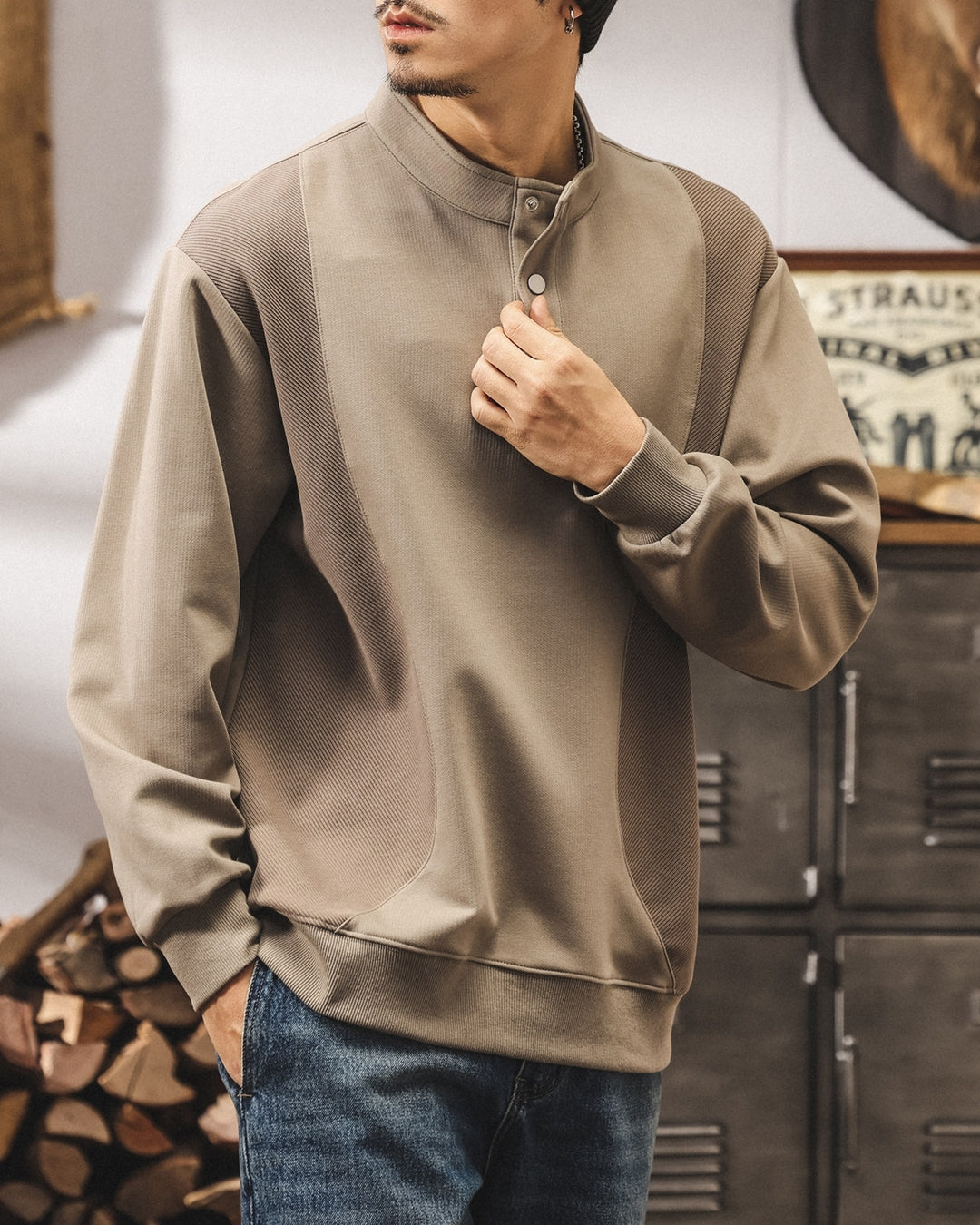 【M-4XL】retro henley neck panel sweatshirt 【ACT0265】