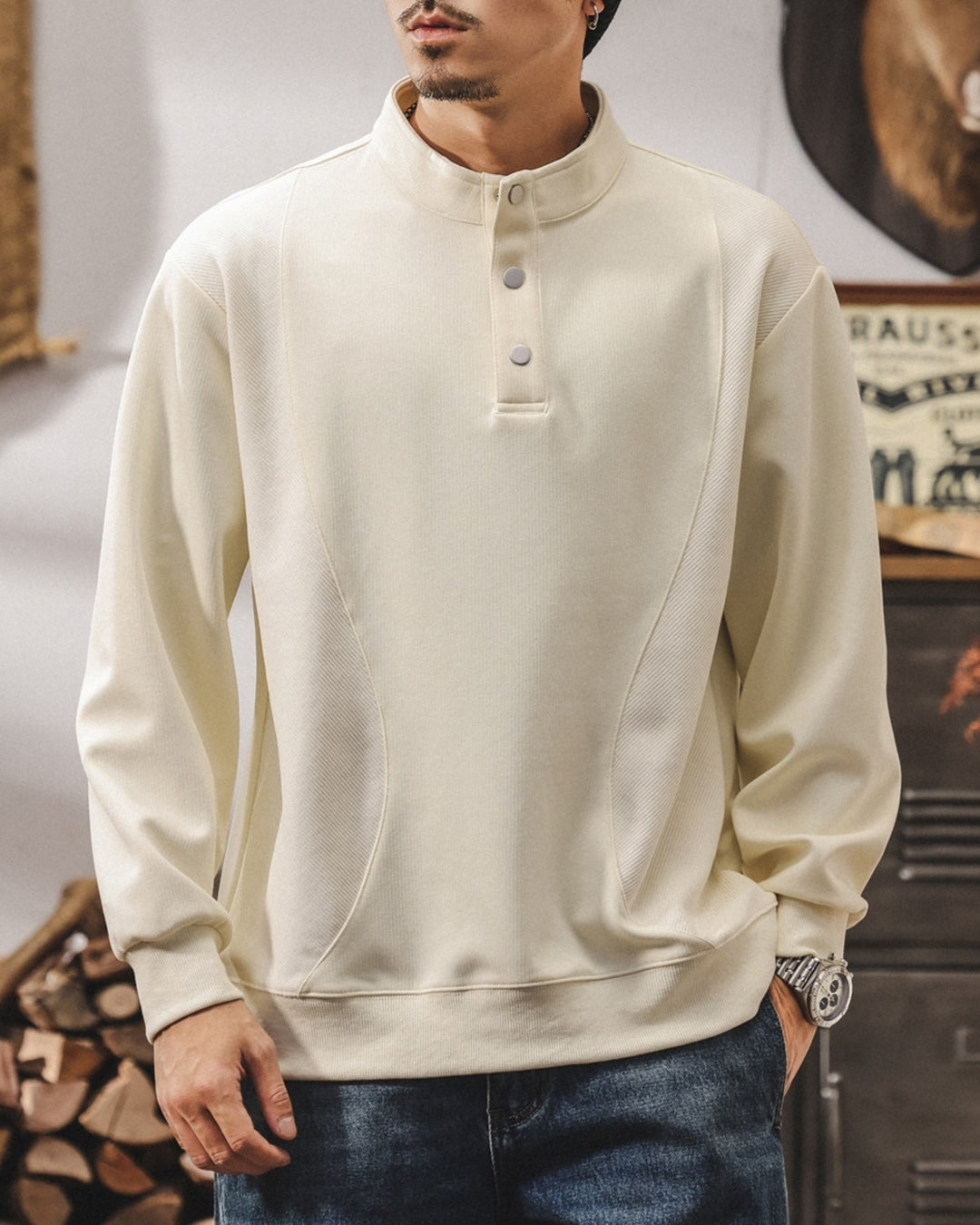 【M-4XL】retro henley neck panel sweatshirt 【ACT0265】