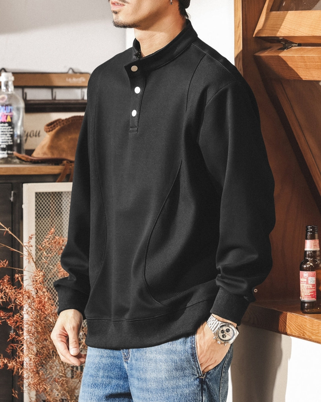 【M-4XL】retro henley neck panel sweatshirt 【ACT0265】