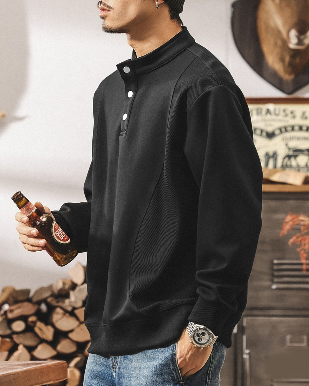 【M-4XL】retro henley neck panel sweatshirt 【ACT0265】