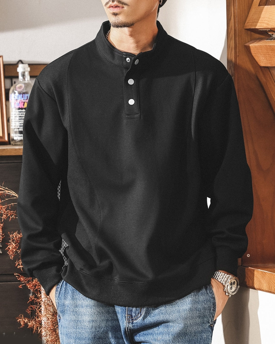 【M-4XL】retro henley neck panel sweatshirt 【ACT0265】