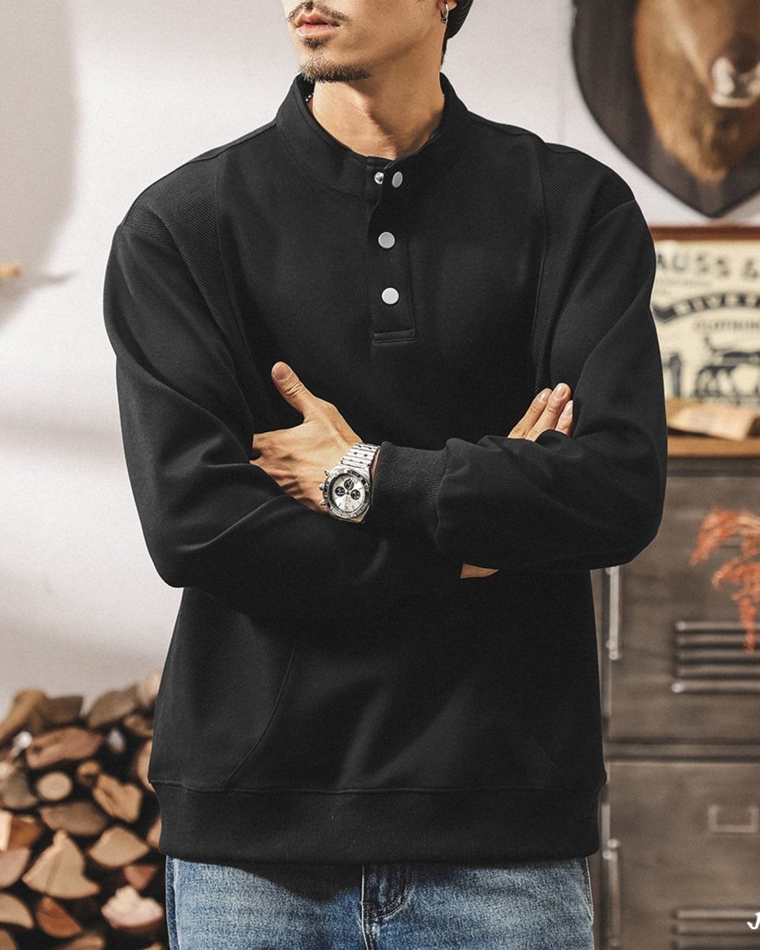 【M-4XL】retro henley neck panel sweatshirt 【ACT0265】