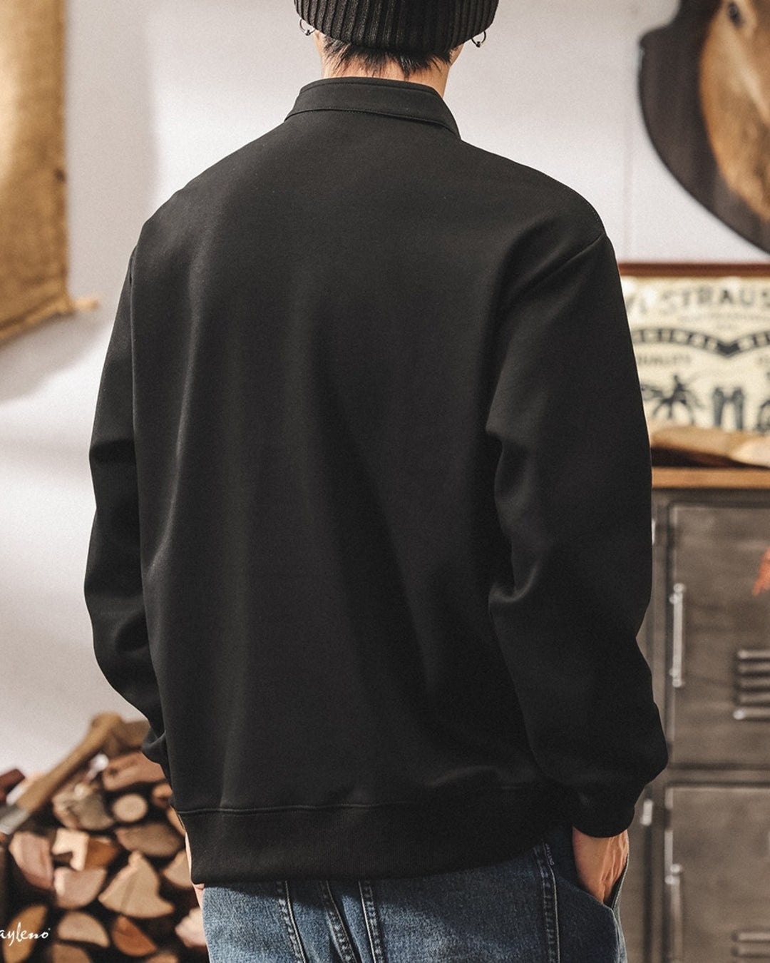 【M-4XL】retro henley neck panel sweatshirt 【ACT0265】