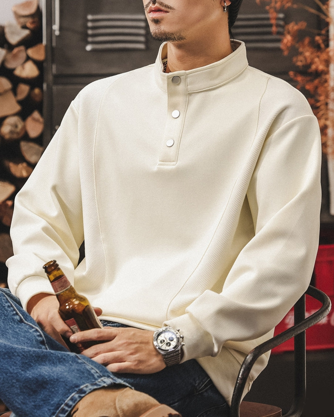 【M-4XL】retro henley neck panel sweatshirt 【ACT0265】