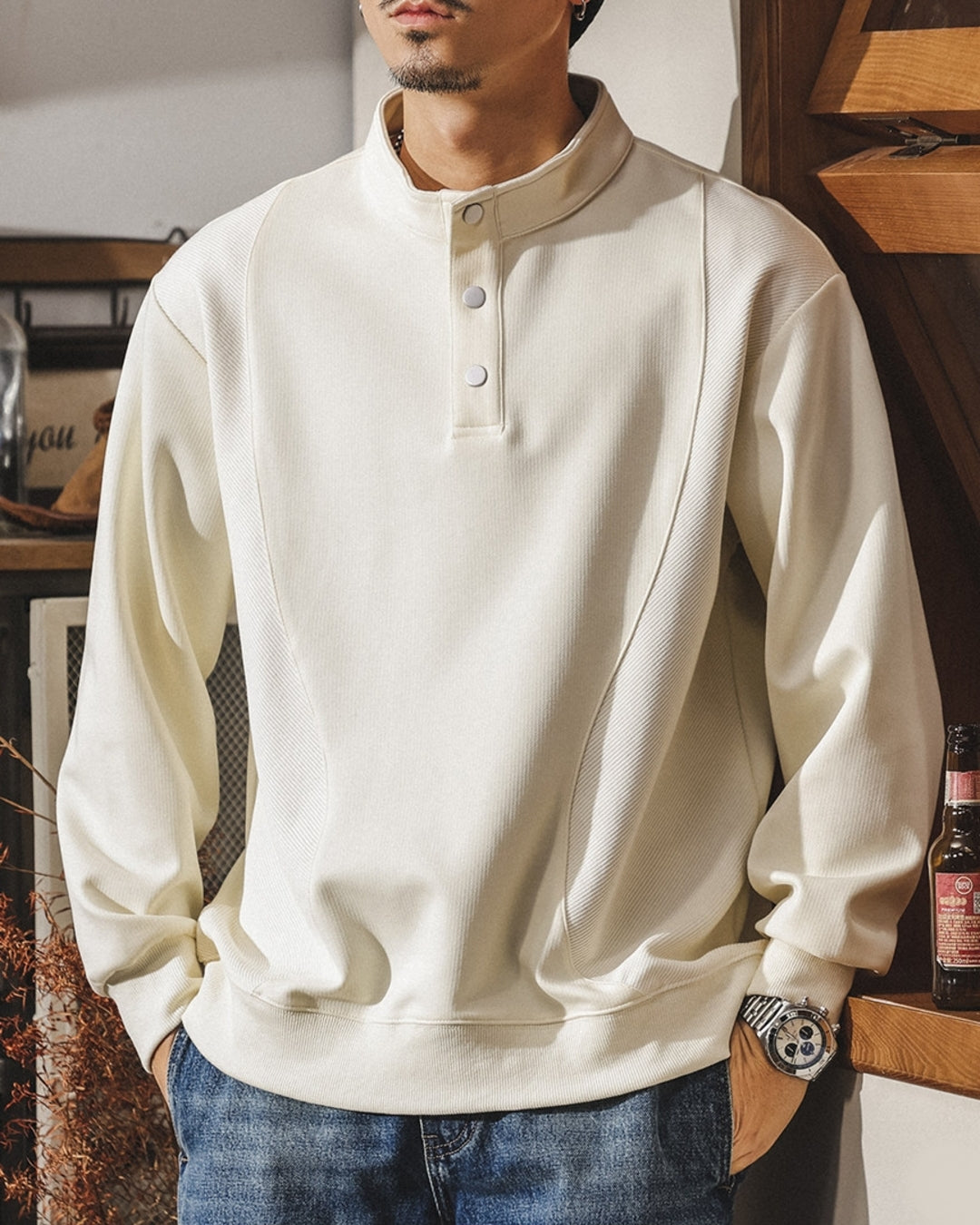 【M-4XL】retro henley neck panel sweatshirt 【ACT0265】