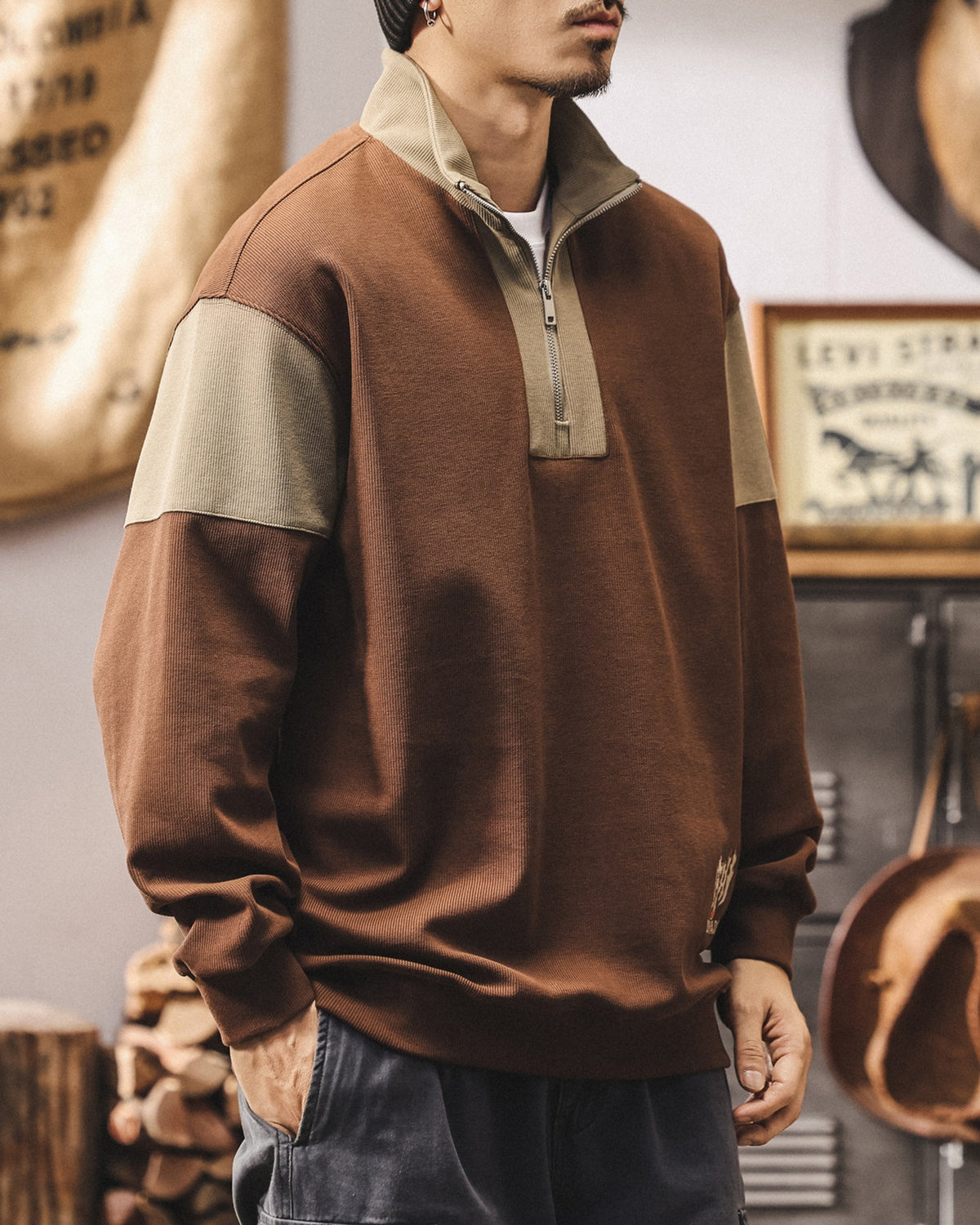 【M-4XL】colorblock half zip ribbed sweatshirt 【ACT0267】